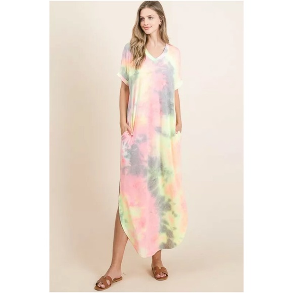 SOLD OUT CLEARANCE Neon Tie Dye Pocket Short Sleeve Long Maxi Dress - Picture 5 of 7
